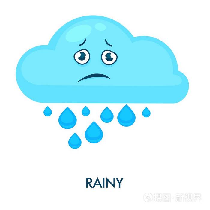雨天的蓝云与沉重的水滴和失望的悲伤的脸.天气预报有
