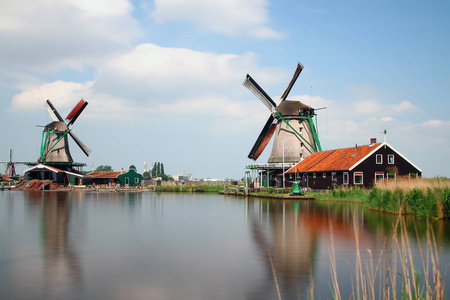 古老的风车在典型的荷兰风景