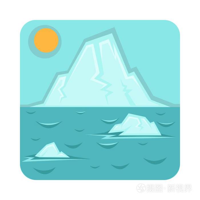 全球变暖问题图标与冰川融化和上升的世界海洋水位.