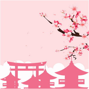 日本宝塔樱花粉红色背景矢量图像