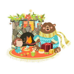 小天使可爱的熊坐在壁炉旁