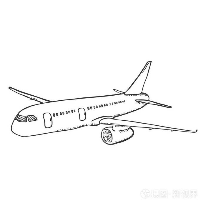 矢量黑色素描飞机.手绘民用飞机