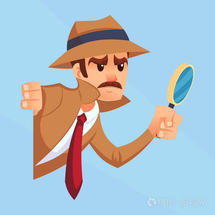 黑色侦探与放大镜偷看角落卡通平面设计矢量图