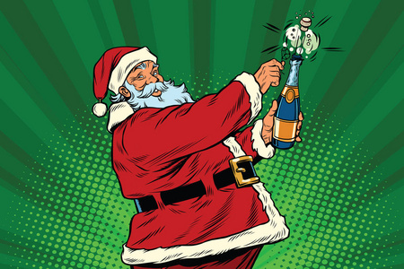 圣诞老人打开一瓶香槟