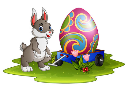 可爱的复活节兔子与大鸡蛋画在购物车的矢量插图
