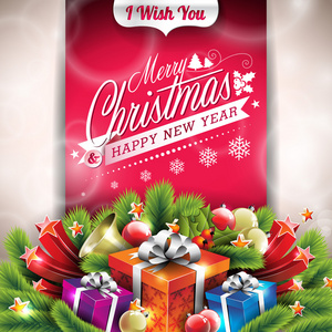矢量圣诞节插画与版式设计和红色背景上闪亮的节日元素