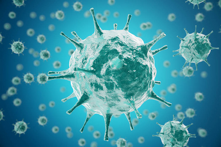 3d 渲染的流感病毒 H1n1。 猪流感，感染病毒病流行的有机体