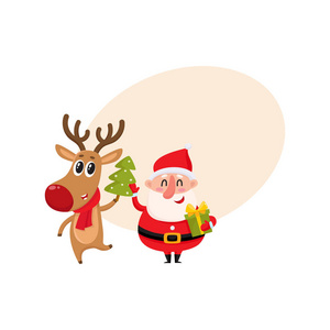 有趣的圣诞老人和驯鹿的红围巾站在一起