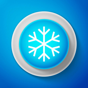 白色雪花图标在蓝色背景上被隔离。圆圈蓝色按钮与白色线。矢量插图