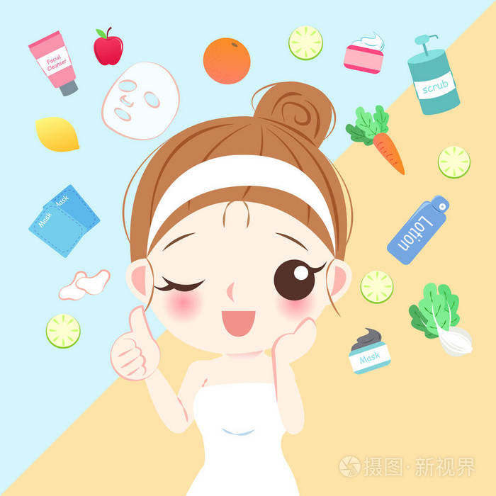 美卡通皮肤护理女人