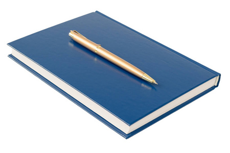 用黄金笔孤立在白色背景上的蓝色笔记本