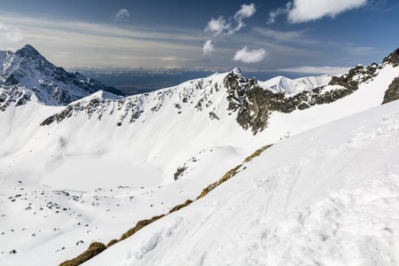 山风景。雪峰斜坡和山谷景观