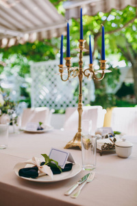 美丽而精致的婚礼庆典装饰在一个绿色的花园中间。宴会桌上有米色桌布盘子和烛台, 上面盖着蓝色的蜡烛。