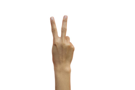 手妇女显示两个手指隔离在白色背景与修剪路径