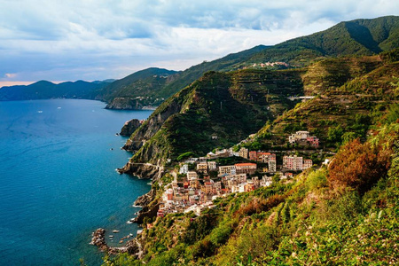 城市 Manarola 的看法。五渔村国家公园, 意大利