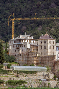 Xenophontos 修道院在阿托斯在山的自治修道院状态圣山, Chalkidiki, 希腊