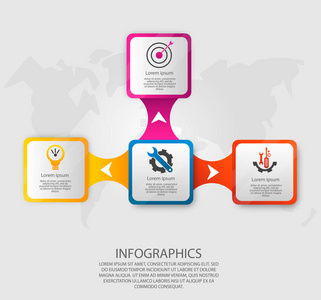 现代矢量插画3d。模板图表与四个元素矩形。专为商务演示网页设计图带4步选项零件而设计。概念逐步