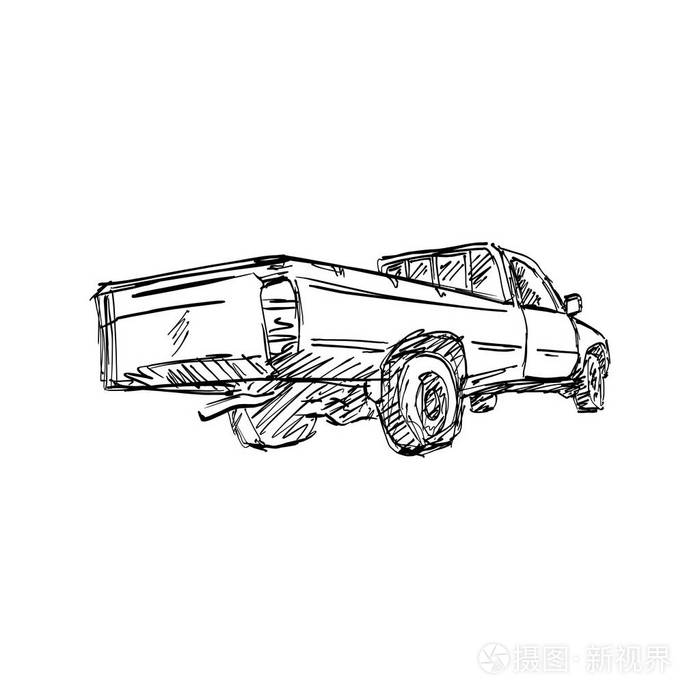 后视图拾车矢量图解素描手画与黑色线隔离在白色背景上
