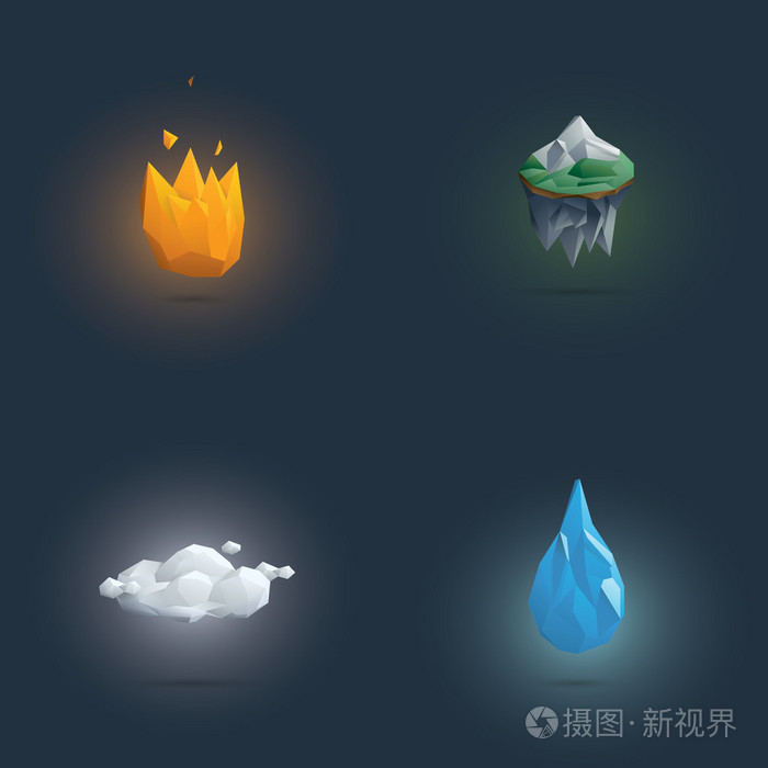 低聚四元素符号.3d 多边形元素形状的火, 土, 空气和水