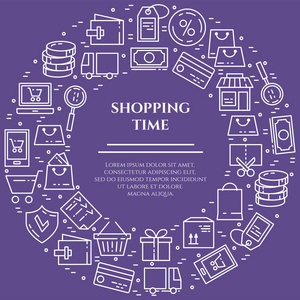 购物主题紫色水平横幅。象形图的袋, 信用卡, 商店, 送货, 现金, 钱包, 购物车, 贴纸, 其他购买相关元素。矢量插图可编辑