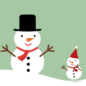 可爱圣诞贺卡与卡通雪人恋人在雪地上。矢量图圣诞概念