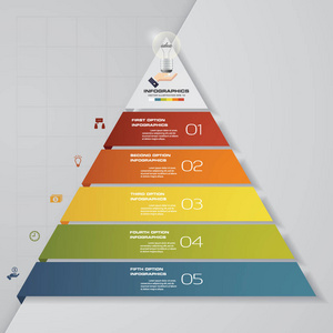 5 个步骤金字塔与文本在每个级别上的可用空间。信息图表，演示文稿或广告。Eps10