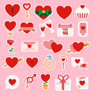 组的情人节和婚礼图标，设计元素。心，爱，约会和关系。矢量图