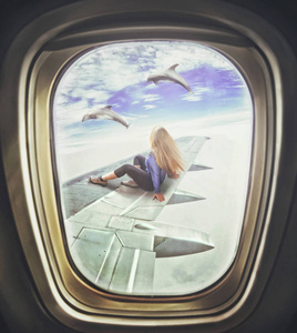 女人坐在飞机机翼上，看着海豚