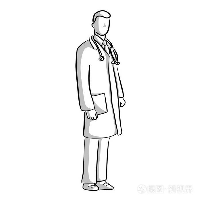 一个医生的肖像与均匀的矢量图解素描手画与黑色线隔离在白色背景上