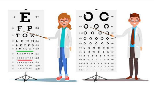 眼科医生设定向量。女性, 男性。医学眼科诊断。临床眼科检查图。近视的诊断。医学概念。独立平板卡通插图