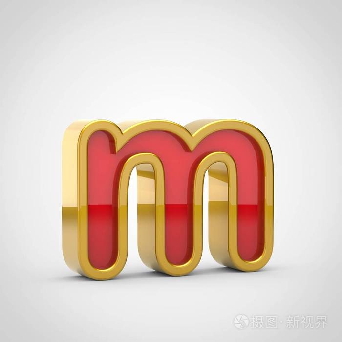 光泽字母 m 小写.3d 渲染红色字体, 金色轮廓被隔离在