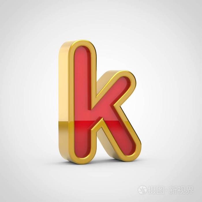 光泽字母 k 小写.3d 渲染红色字体, 金色轮廓被隔离在