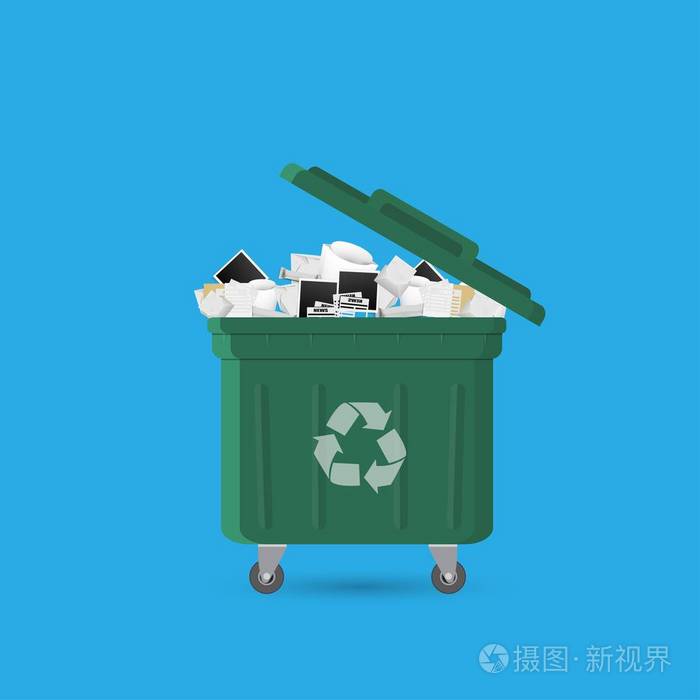 卡通办公室垃圾回收站垃圾.纸盒的文件.矢量插图