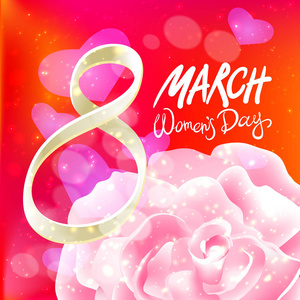 3 月 8 日贺卡。国际妇幼节。矢量。粉红色的玫瑰。红光背景