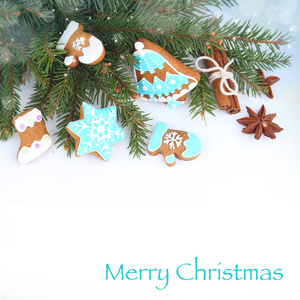 圣诞节生姜和蜂蜜饼干与多彩冷杉的树枝