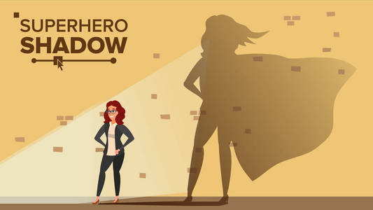 女实业家超级英雄影子矢量。解放, 野心, 成功。领导理念。创意现代商业超级英雄。平面卡通插图