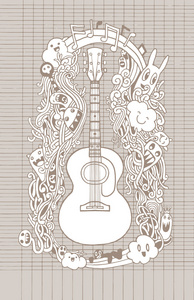 手绘涂鸦声学吉他，平面设计