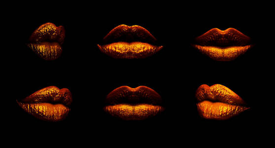 一套的孤立在黑色背景上的金棕色嘴唇。女人嘴里，美丽的女性嘴唇概念享受
