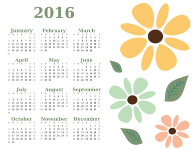 2016 年花卉矢量日历模板。周从星期日开始