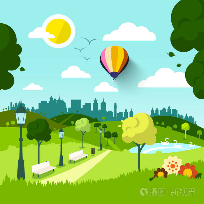 城市公园矢量自然景观绿色的自然景物与鲜花阳光灿烂的日子在小镇