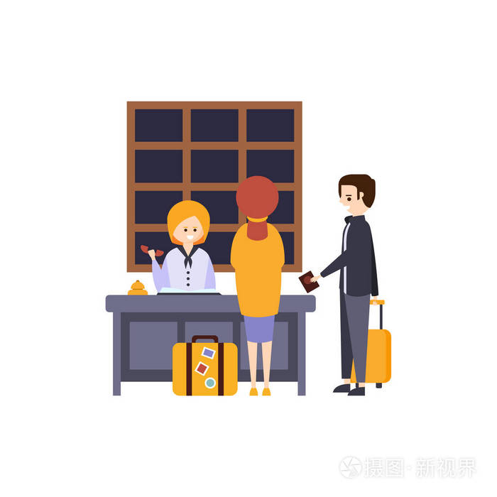 在接待处检查人在酒店主题原始卡通插图