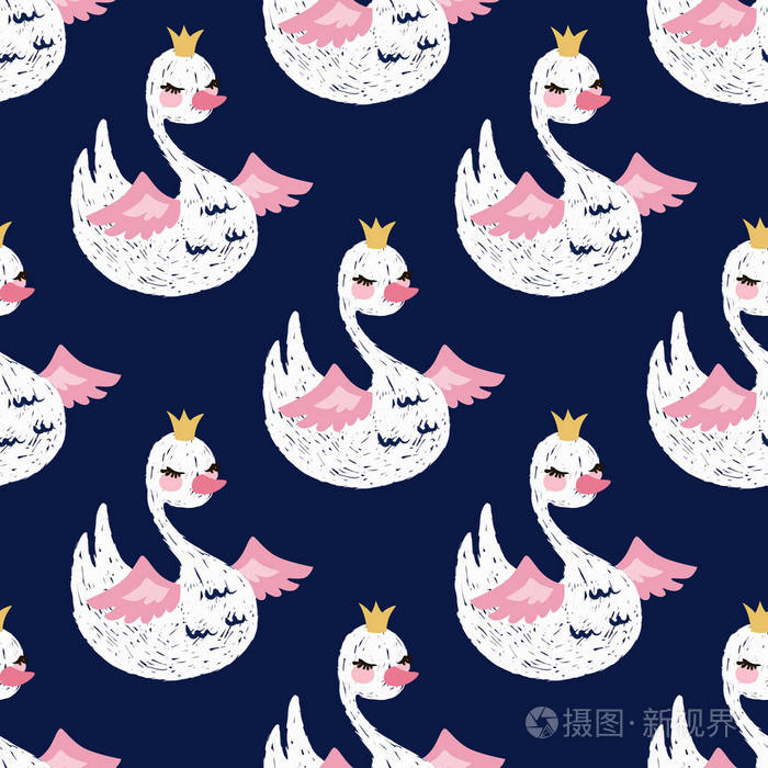 无缝模式与可爱的小公主天鹅.卡通手绘矢量插画