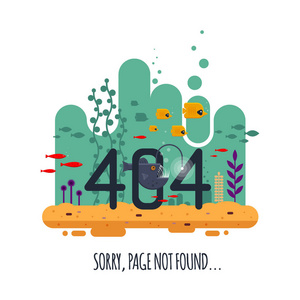 404错误页没有被发现概念与海底世界隔绝在白色背景。钓鱼鱼深度游泳在其他鱼, 多彩的水下世界与 seawood 和沙子平的载体