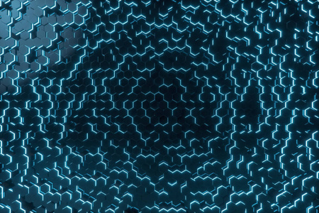 抽象的蓝色的未来派表面六边形斑图与光线。3d 渲染