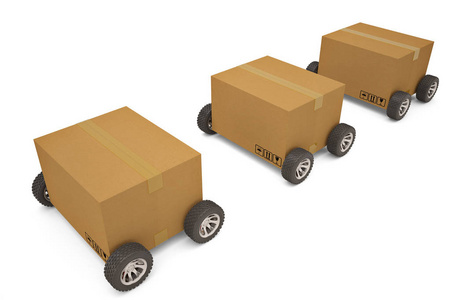 纸板箱与车轮运输概念. 3 d 例证