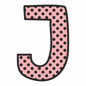 J 字母矢量字母与黑色波尔卡点在粉红色背景上隔离白色