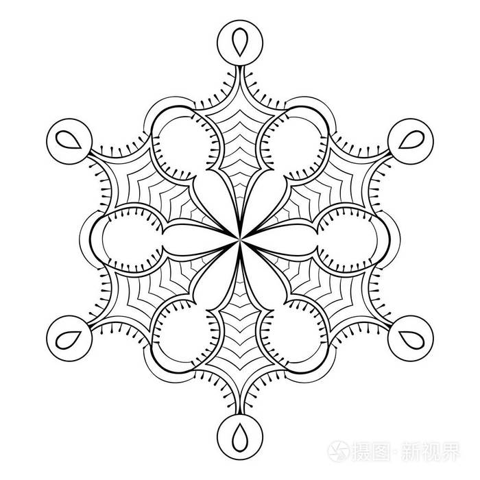 矢量雪花在 zentangle 涂鸦风格,黑色曼陀罗为成人着色页.