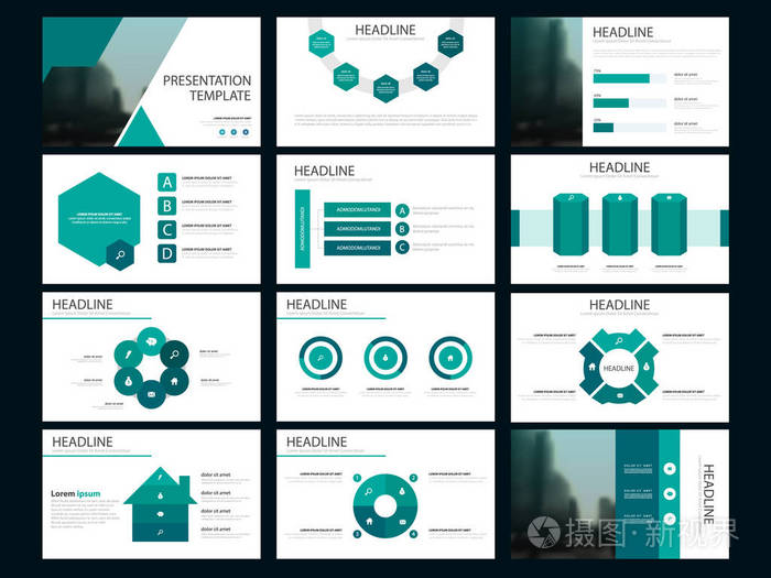 绿色捆绑图表元素表示模板。商业年报, 小册子