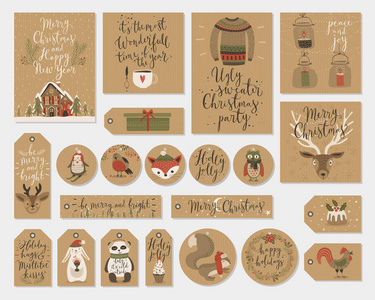 圣诞卡夫纸贺卡和标签集，手工绘制的样式