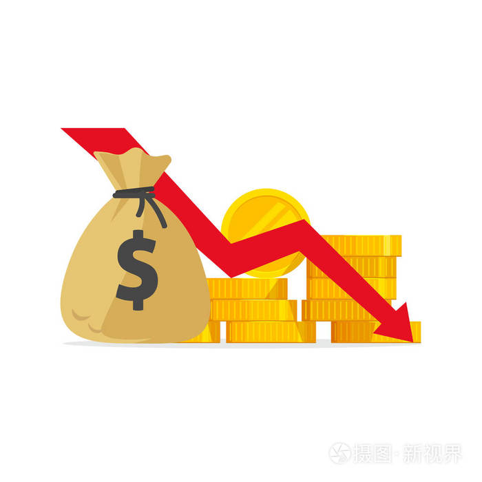 货币损失向量例证, 平的卡通现金以向下箭头股票图, 金融危机概念